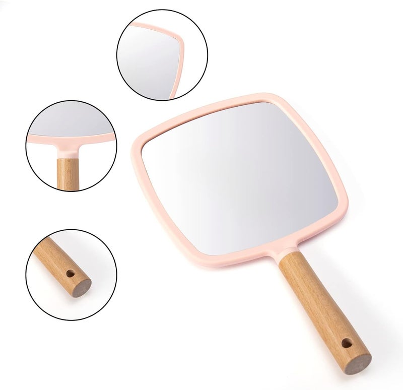 RoarCraft Hand Held Mirror for Makeup Small Wood Hand Mirror Portable Travel Vanity Mirror for MenWomen 55W x 92L inch Pink Square - Image 5