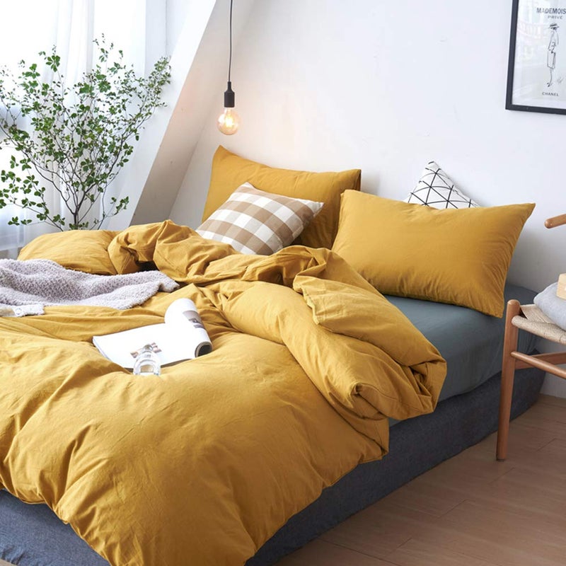 DONEUS Duvet Cover Set 100% Washed Cotton Linen Like Textured Breathable Durable Soft Comfy 3 Pieces Bedding Set with Zipper Closure, 1 Duvet Cover 104x90 Inches and 2 Pillow Shams(King, Yellow) - Image 2