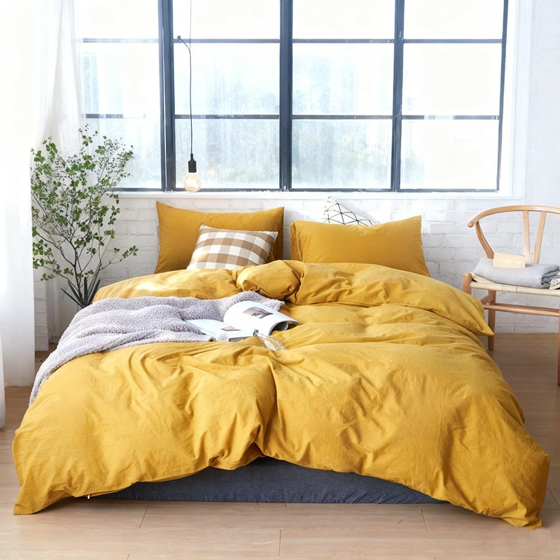 DONEUS Duvet Cover Set 100% Washed Cotton Linen Like Textured Breathable Durable Soft Comfy 3 Pieces Bedding Set with Zipper Closure, 1 Duvet Cover 104x90 Inches and 2 Pillow Shams(King, Yellow) - Image 1