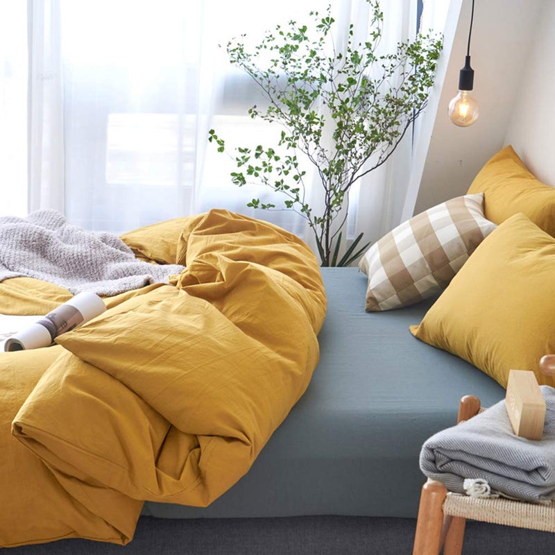 DONEUS Duvet Cover Set 100% Washed Cotton Linen Like Textured Breathable Durable Soft Comfy 3 Pieces Bedding Set with Zipper Closure, 1 Duvet Cover 104x90 Inches and 2 Pillow Shams(King, Yellow) - Image 3