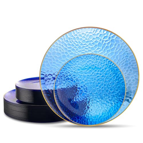 Hioasis 60pcs Blue Plastic Plates Gold Rimmed Disposable Hammered Heavyduty Dinnerware Set Suitable for 30 Guests 1025 Dinner 75 Dessert Plates for Party Wedding - Image 2