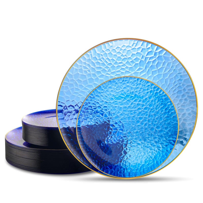 Hioasis 60pcs Blue Plastic Plates Gold Rimmed Disposable Hammered Heavyduty Dinnerware Set Suitable for 30 Guests 1025 Dinner 75 Dessert Plates for Party Wedding - Image 3