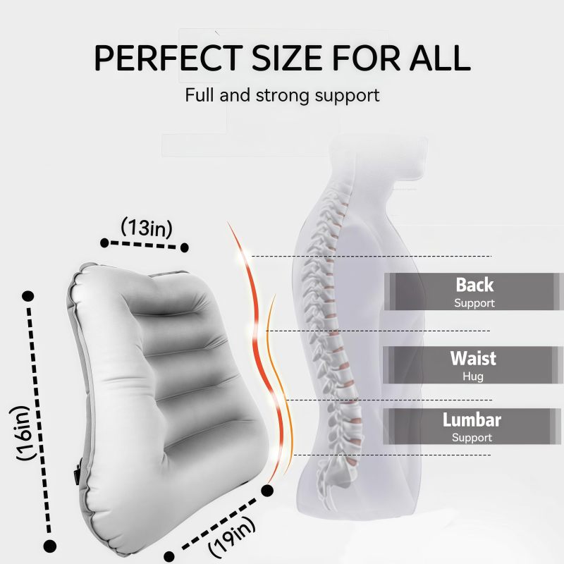 Inflatable Lumbar Support Pillow Grey Portable Ergonomic Back Pain Relief Cushion - Instant Inflation in 30-60 Seconds Compact Design for Office Chair Car Travel and Airplane - Image 4