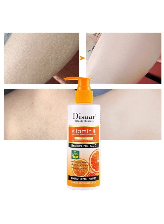Disaar 230 جرام لوشن مرطب لتفتيح البشرة بفيتامين C وحمض الهيالورونيك لتألق ورطوبة الجسم وزيت الجسم لتفتيح البشرة وتلاشي الميلانين لوشن مرطب لإصلاح حاجز البشرة لوشن الجسم - Image 2