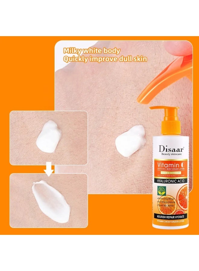 Disaar 230 جرام لوشن مرطب لتفتيح البشرة بفيتامين C وحمض الهيالورونيك لتألق ورطوبة الجسم وزيت الجسم لتفتيح البشرة وتلاشي الميلانين لوشن مرطب لإصلاح حاجز البشرة لوشن الجسم - Image 3