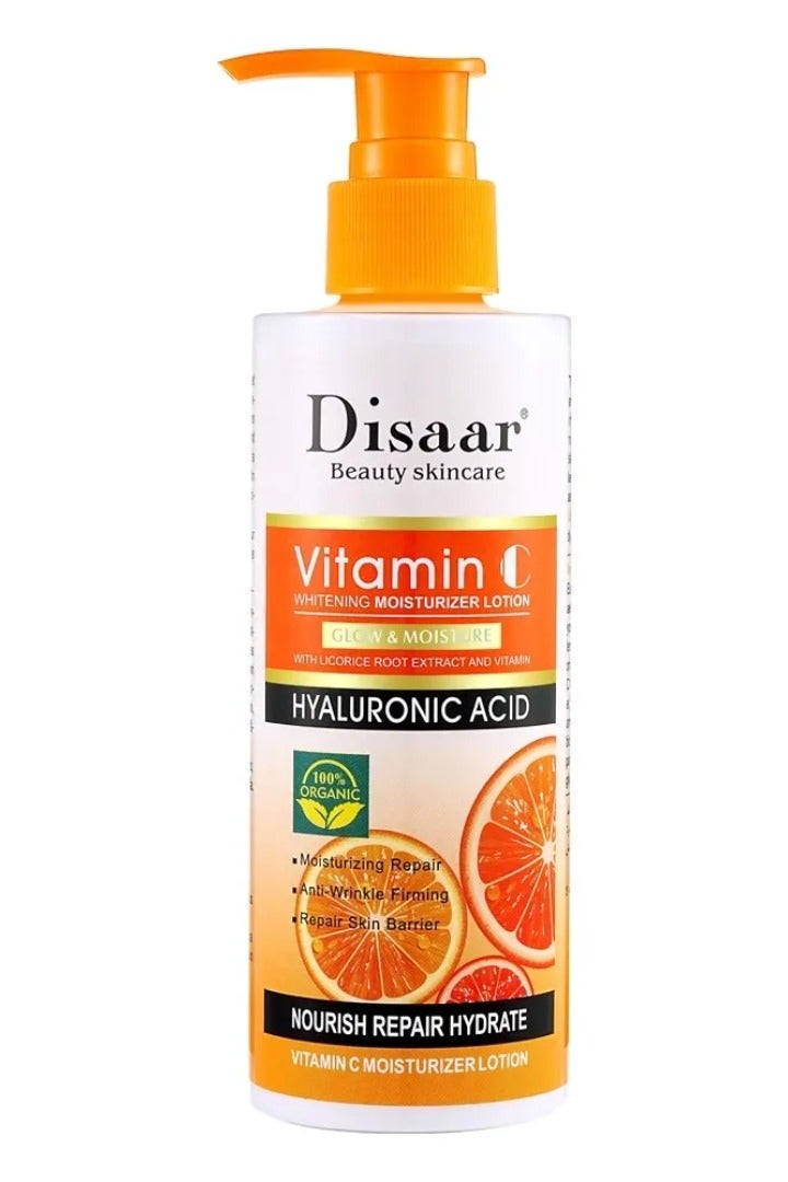 Disaar 230 جرام لوشن مرطب لتفتيح البشرة بفيتامين C وحمض الهيالورونيك لتألق ورطوبة الجسم وزيت الجسم لتفتيح البشرة وتلاشي الميلانين لوشن مرطب لإصلاح حاجز البشرة لوشن الجسم - Image 1