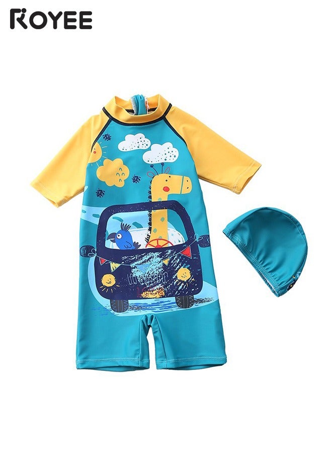 Royee Children'S Cartoon Printed Cars And Giraffes Swimsuit Long Sleeved One Piece Sun Proof Swimsuit With Hat For Height 70-120 Cm Boys - Image 1