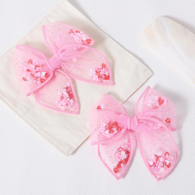 Miroksh Pink Valentines Fable Bow Hair Clips for Girls 2Pcs 4" Glitter Mesh Tulle Heart Shaker Bow Alligator Barrettes for Teen Toddler Kids Women Party Dress Outfits Decor Accessory Gift - Image 2