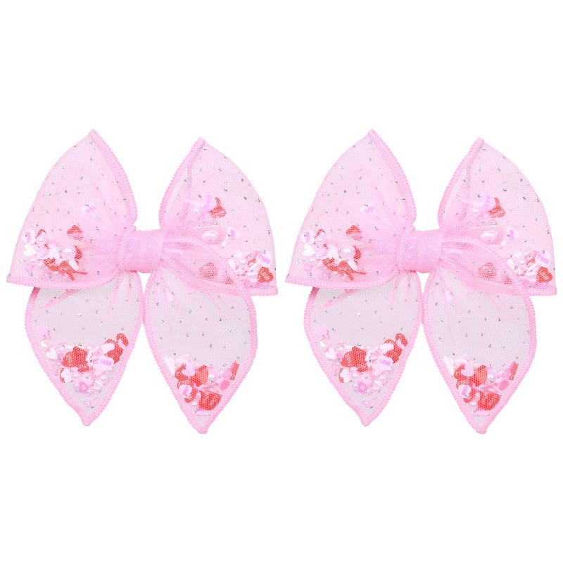 Miroksh Pink Valentines Fable Bow Hair Clips for Girls 2Pcs 4" Glitter Mesh Tulle Heart Shaker Bow Alligator Barrettes for Teen Toddler Kids Women Party Dress Outfits Decor Accessory Gift - Image 1