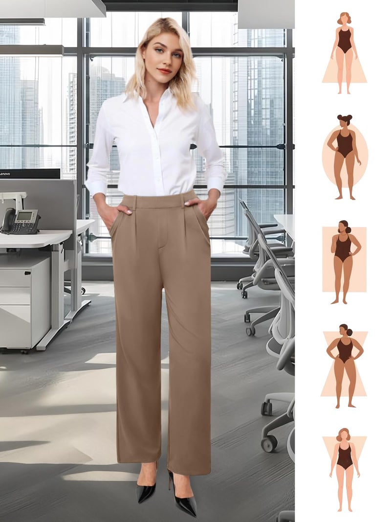 DLOODA Womens Wide Leg Dress Pants Stretchy High Waisted Work Pants Business Casual Office Trousers with Pockets Light Coffee XL - Image 5