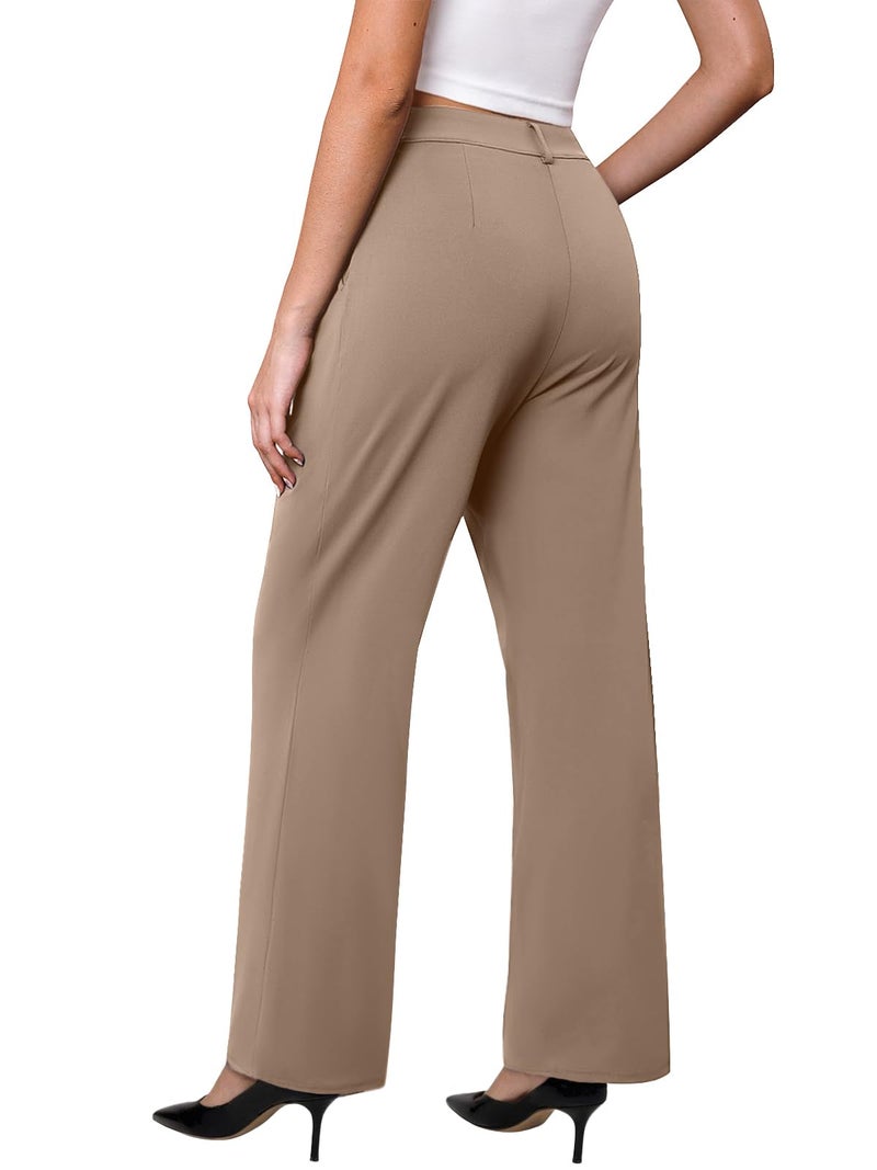 DLOODA Womens Wide Leg Dress Pants Stretchy High Waisted Work Pants Business Casual Office Trousers with Pockets Light Coffee XL - Image 2