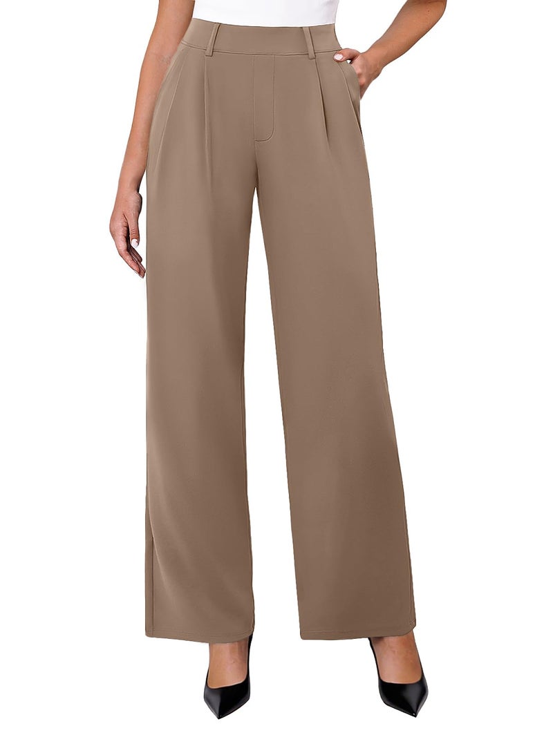 DLOODA Womens Wide Leg Dress Pants Stretchy High Waisted Work Pants Business Casual Office Trousers with Pockets Light Coffee XL - Image 1
