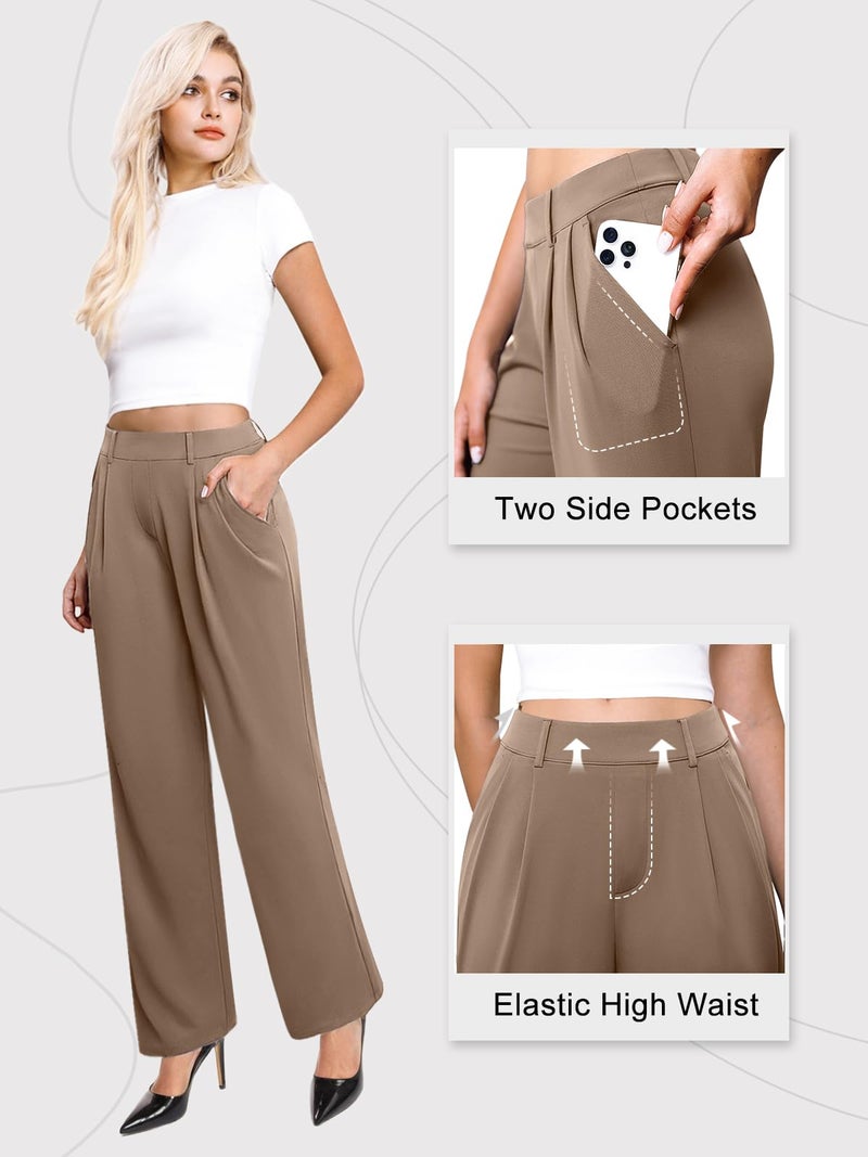DLOODA Womens Wide Leg Dress Pants Stretchy High Waisted Work Pants Business Casual Office Trousers with Pockets Light Coffee XL - Image 3