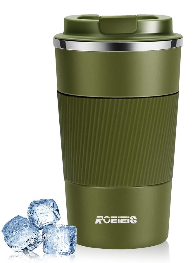 ROEIEIS Travel Mugs, Insulated Coffee Cup with Leakproof Lid - Reusable Coffee Cups Travel - Car Coffee Cup - Stainless Steel Coffee Mug for Hot and Cold Coffee Water and Tea (Military Green, 380 ml) - Image 1