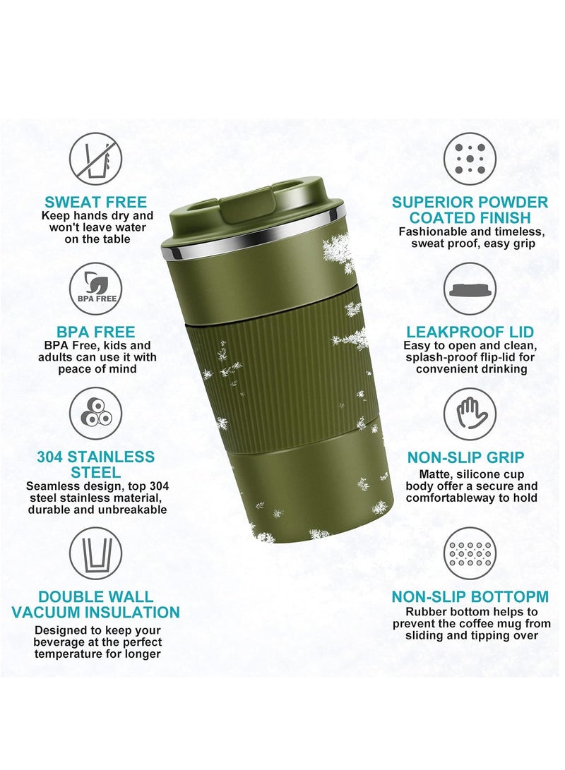 ROEIEIS Travel Mugs, Insulated Coffee Cup with Leakproof Lid - Reusable Coffee Cups Travel - Car Coffee Cup - Stainless Steel Coffee Mug for Hot and Cold Coffee Water and Tea (Military Green, 380 ml) - Image 2