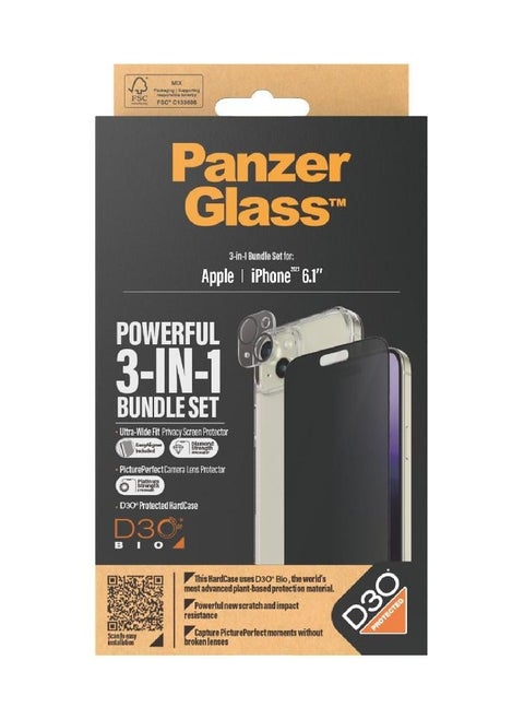 3 in 1 Bundle Set for Apple iPhone 15 6.1" D30 Protected Hard Case + Ultra Wide Fit PRIVACY Screen Protector + Camera Lens 2023 - Black