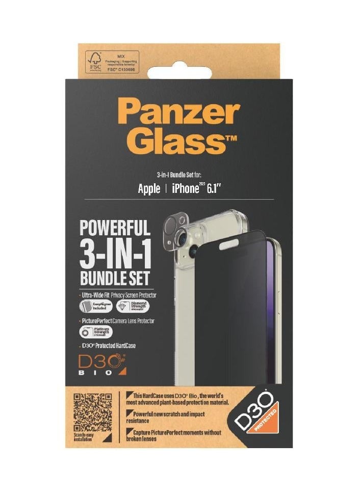 3 in 1 Bundle Set for Apple iPhone 15 6.1" D30 Protected Hard Case + Ultra Wide Fit PRIVACY Screen Protector + Camera Lens 2023 - Black
