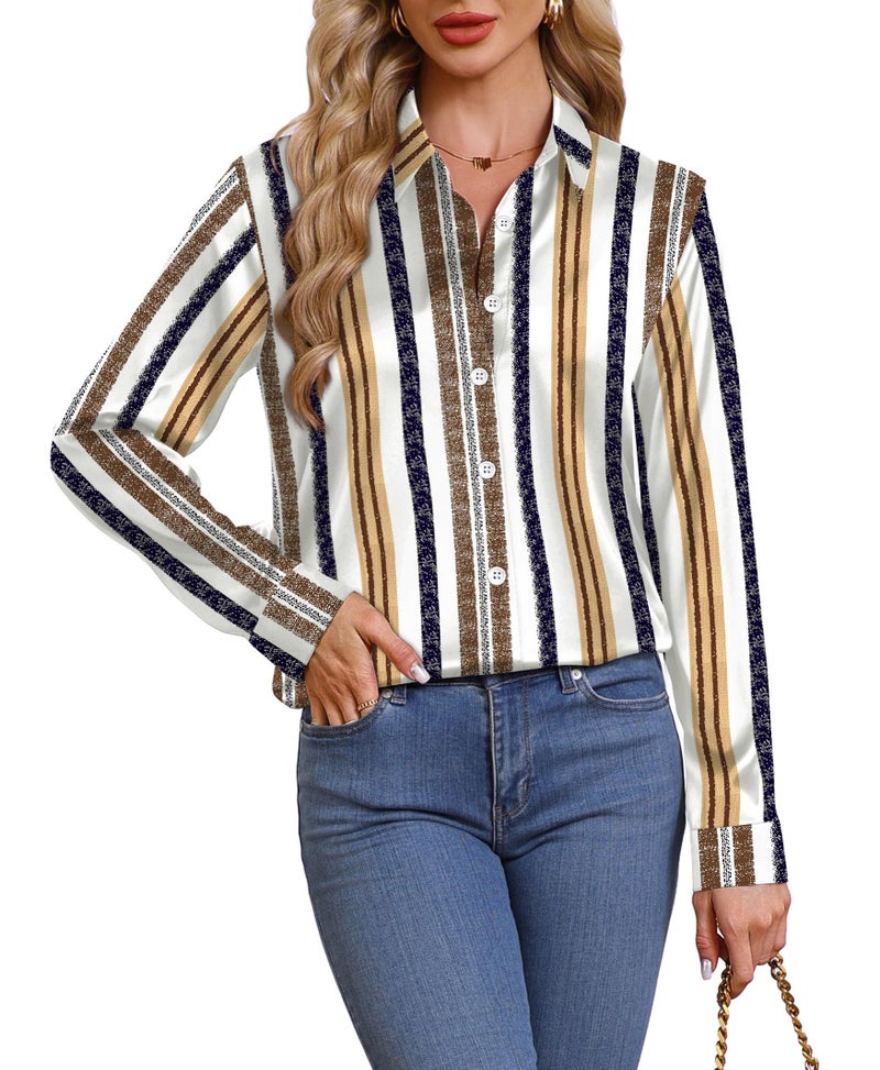 OFEEFAN Striped Dress Shirts Womens Button Down Blouses Business Casual Fashion Outfit Spring Summer Tops Beach Vacation Clothes Resort Wear Print 12 L - Image 4