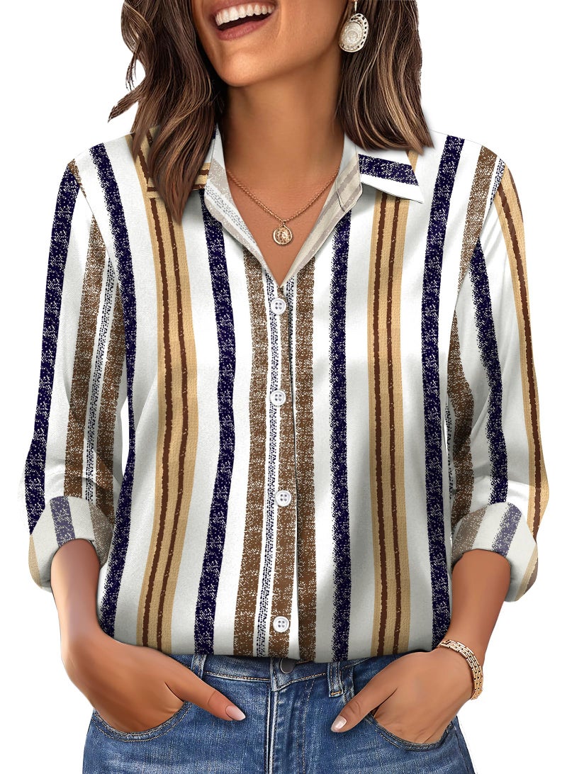 OFEEFAN Striped Dress Shirts Womens Button Down Blouses Business Casual Fashion Outfit Spring Summer Tops Beach Vacation Clothes Resort Wear Print 12 L - Image 2