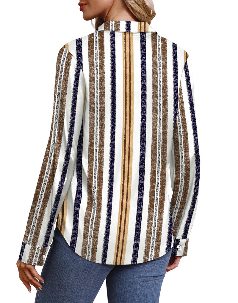 OFEEFAN Striped Dress Shirts Womens Button Down Blouses Business Casual Fashion Outfit Spring Summer Tops Beach Vacation Clothes Resort Wear Print 12 L - Image 5