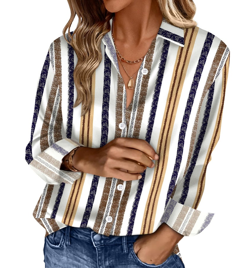 OFEEFAN Striped Dress Shirts Womens Button Down Blouses Business Casual Fashion Outfit Spring Summer Tops Beach Vacation Clothes Resort Wear Print 12 L - Image 1