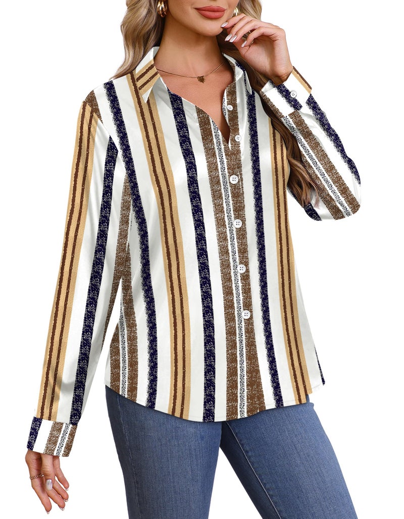 OFEEFAN Striped Dress Shirts Womens Button Down Blouses Business Casual Fashion Outfit Spring Summer Tops Beach Vacation Clothes Resort Wear Print 12 L - Image 3