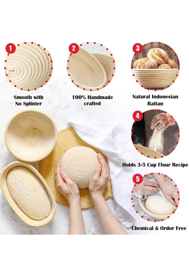 Generic - Bread baking kit baking tools 14-piece set, Bread Proofing Basket Set Œdough scraper, cloth cover, cutting knife, trimming knife, short-handled double-eye mixer, natural rattan oval + round bread fe - Image 1