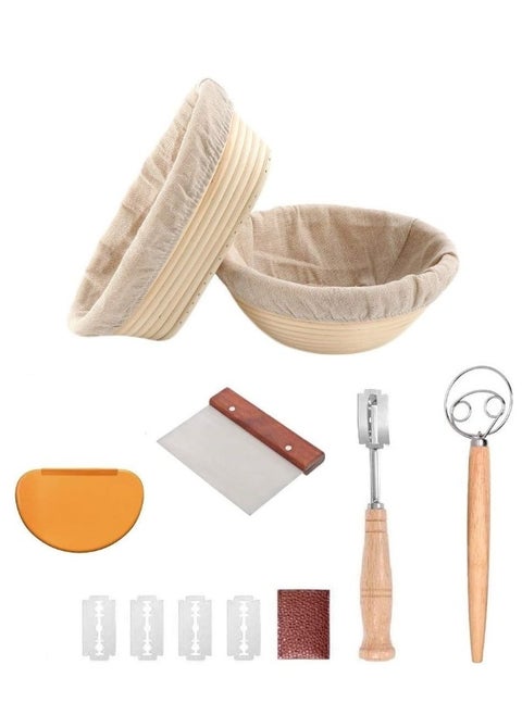 Bread baking kit baking tools 14-piece set, Bread Proofing Basket Set Œdough scraper, cloth cover, cutting knife, trimming knife, short-handled double-eye mixer, natural rattan oval + round bread fe