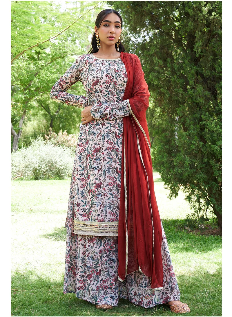 كولابا Beige Georgette Digital Printed Straight Kurta 3Pc Set