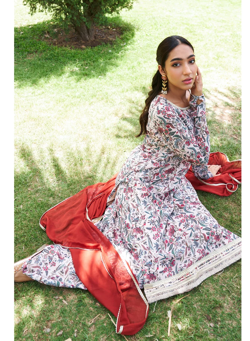 kolaba Beige Georgette Digital Printed Straight Kurta 3Pc Set