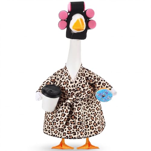 Shyyween Lady Porch Goose Outfit for 23 Cement Plastic Statue Leopard Print Bathrobe Goose Clothes with Curlers Coffee Cup for Outdoor Garden Yard Lawn Decoration - Image 1