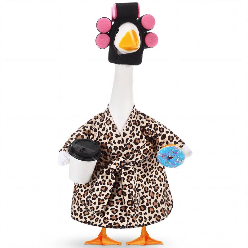 Shyyween Lady Porch Goose Outfit for 23 Cement Plastic Statue Leopard Print Bathrobe Goose Clothes with Curlers Coffee Cup for Outdoor Garden Yard Lawn Decoration - Image 2