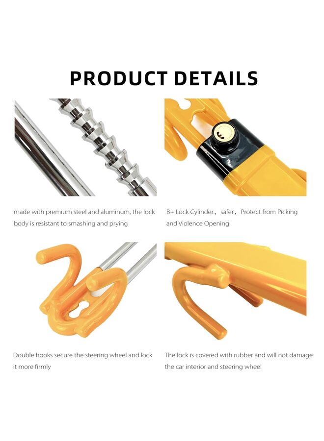 قفل عجلة القيادة للسيارة، جهاز مضاد للسرقة بطول عالمي قابل للتعديل، أقفال خطافية مزدوجة للسيارات والشاحنات والسيارات الرياضية متعددة الاستخدامات والشاحنات الصغيرة (أصفر) - Image 2