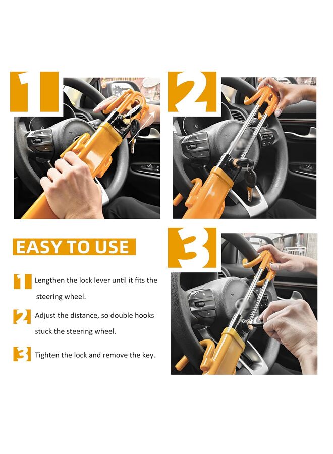 قفل عجلة القيادة للسيارة، جهاز مضاد للسرقة بطول عالمي قابل للتعديل، أقفال خطافية مزدوجة للسيارات والشاحنات والسيارات الرياضية متعددة الاستخدامات والشاحنات الصغيرة (أصفر) - Image 3
