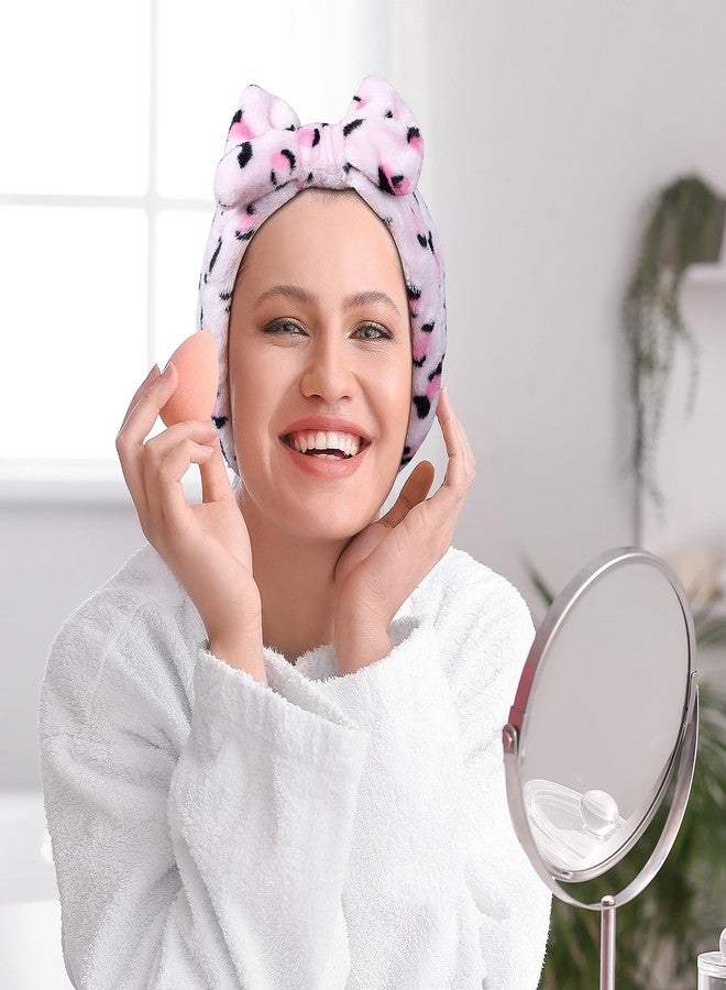 Miroksh Pink Leopard Print Plush Wash Face Headband Bowknot Cheetah Spa Hair Band Wrist Cuffs Women Girls Facial Makeup Skincare Bath Head Wrap Lady Costume Party Supply Xmas Gift - Image 4