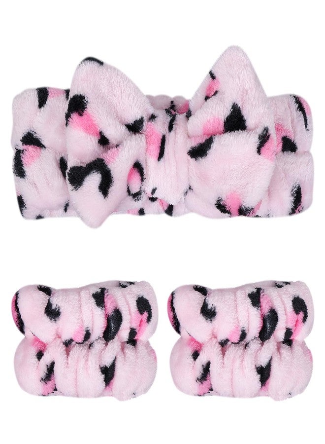 Miroksh Pink Leopard Print Plush Wash Face Headband Bowknot Cheetah Spa Hair Band Wrist Cuffs Women Girls Facial Makeup Skincare Bath Head Wrap Lady Costume Party Supply Xmas Gift - Image 1