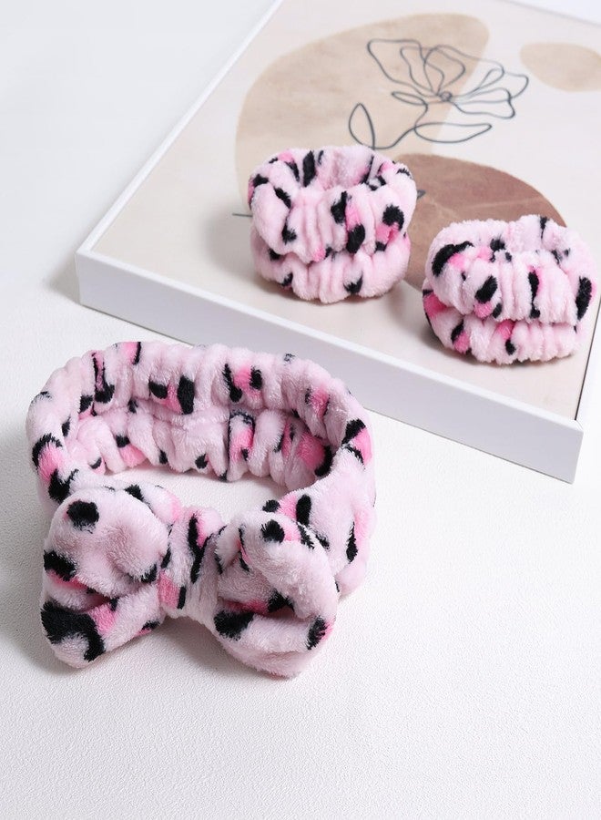 Miroksh Pink Leopard Print Plush Wash Face Headband Bowknot Cheetah Spa Hair Band Wrist Cuffs Women Girls Facial Makeup Skincare Bath Head Wrap Lady Costume Party Supply Xmas Gift - Image 2