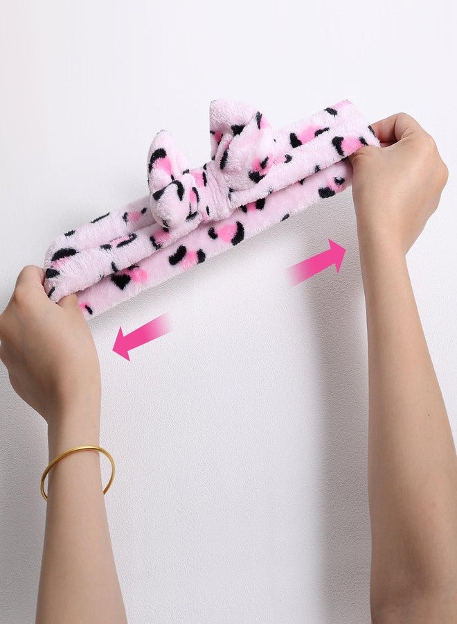 Miroksh Pink Leopard Print Plush Wash Face Headband Bowknot Cheetah Spa Hair Band Wrist Cuffs Women Girls Facial Makeup Skincare Bath Head Wrap Lady Costume Party Supply Xmas Gift - Image 5