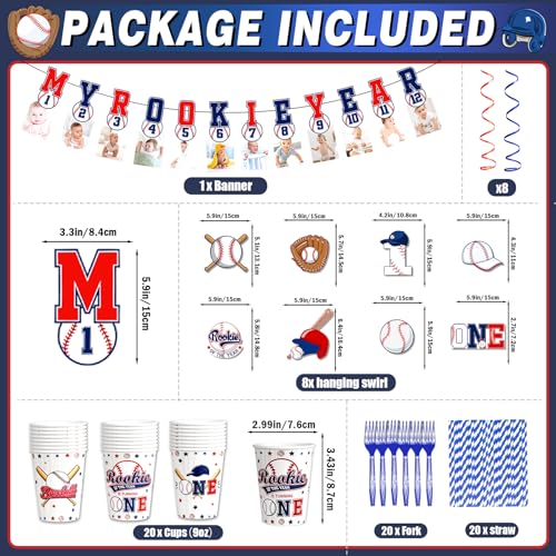 Yavxzvbw 160 Pcs Baseball Rookie of The Year First Birthday Decorations Rookie Year 1st Birthday Decorations Boy with Baseball Balloons Photo Banner Hanging Swirls Cupcake Toppers Tablecloth Cups Plates Forks - Image 5