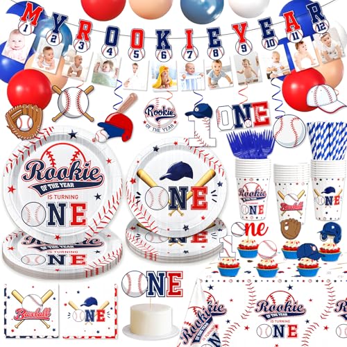 Yavxzvbw 160 Pcs Baseball Rookie of The Year First Birthday Decorations Rookie Year 1st Birthday Decorations Boy with Baseball Balloons Photo Banner Hanging Swirls Cupcake Toppers Tablecloth Cups Plates Forks - Image 1