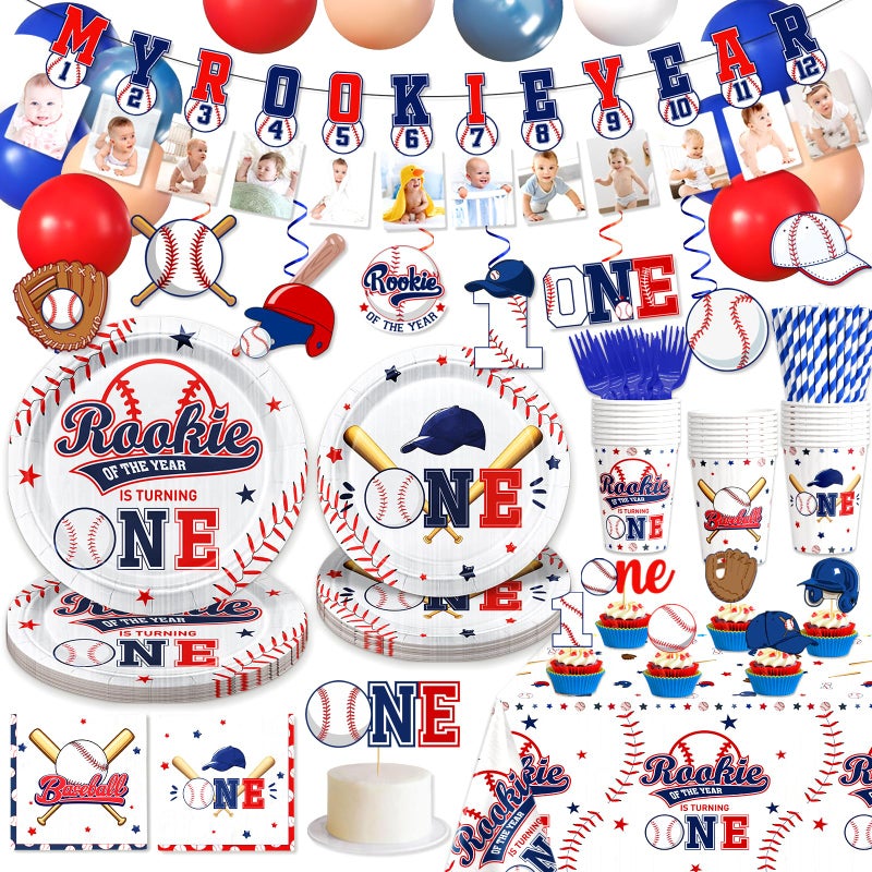 Yavxzvbw 160 Pcs Baseball Rookie of The Year First Birthday Decorations Rookie Year 1st Birthday Decorations Boy with Baseball Balloons Photo Banner Hanging Swirls Cupcake Toppers Tablecloth Cups Plates Forks - Image 3