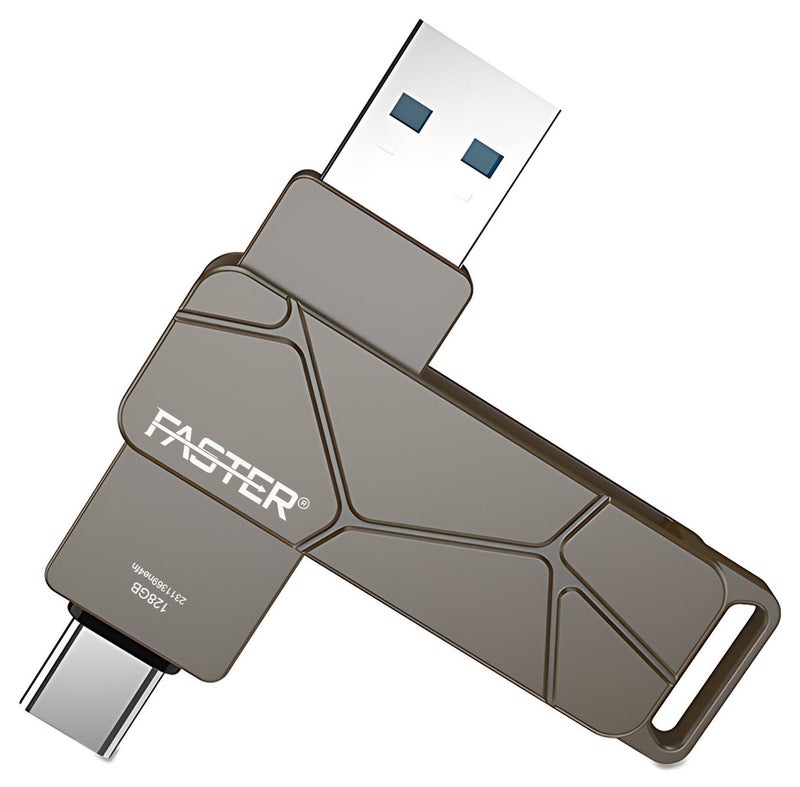 فاستر محرك أقراص فلاش مزدوج USB-C بسعة 128 جيجابايت وسرعة 120 ميجابايت/ثانية - ذاكرة USB 3.2 تدعم تقنية OTG ومزودة بمنفذي USB-C وUSB-A - ذاكرة فلاش معدنية بتصميم دوار متوافقة مع iPhone وiPad وأجهزة Android وMacBook وأجهزة الكمبيوتر (Windows) وأجهزة اللابتوب والأجهزة اللوحية - محرك أقراص USB سريع ومتعدد الاستخدامات (2 في 1). - Image 1