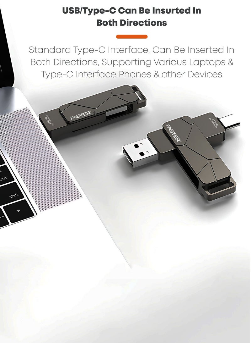 فاستر محرك أقراص فلاش مزدوج USB-C بسعة 128 جيجابايت وسرعة 120 ميجابايت/ثانية - ذاكرة USB 3.2 تدعم تقنية OTG ومزودة بمنفذي USB-C وUSB-A - ذاكرة فلاش معدنية بتصميم دوار متوافقة مع iPhone وiPad وأجهزة Android وMacBook وأجهزة الكمبيوتر (Windows) وأجهزة اللابتوب والأجهزة اللوحية - محرك أقراص USB سريع ومتعدد الاستخدامات (2 في 1). - Image 3
