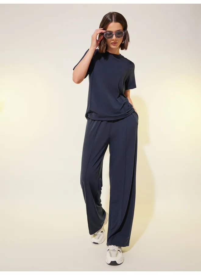 تايك تو Take Two Solid Short Sleeve T-Shirt and Wide Leg Pants Co-Ords