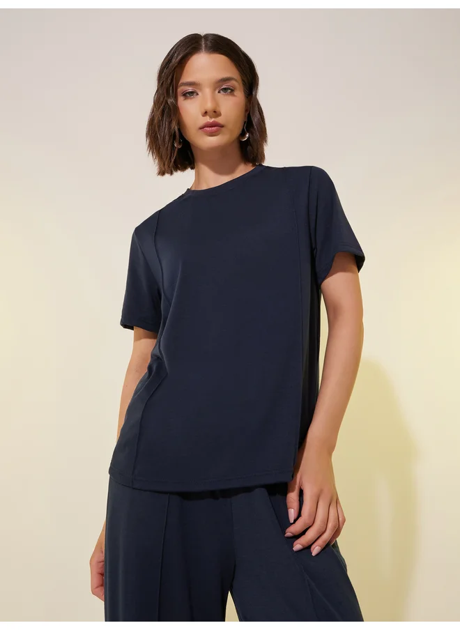 تايك تو Take Two Solid Short Sleeve T-Shirt and Wide Leg Pants Co-Ords