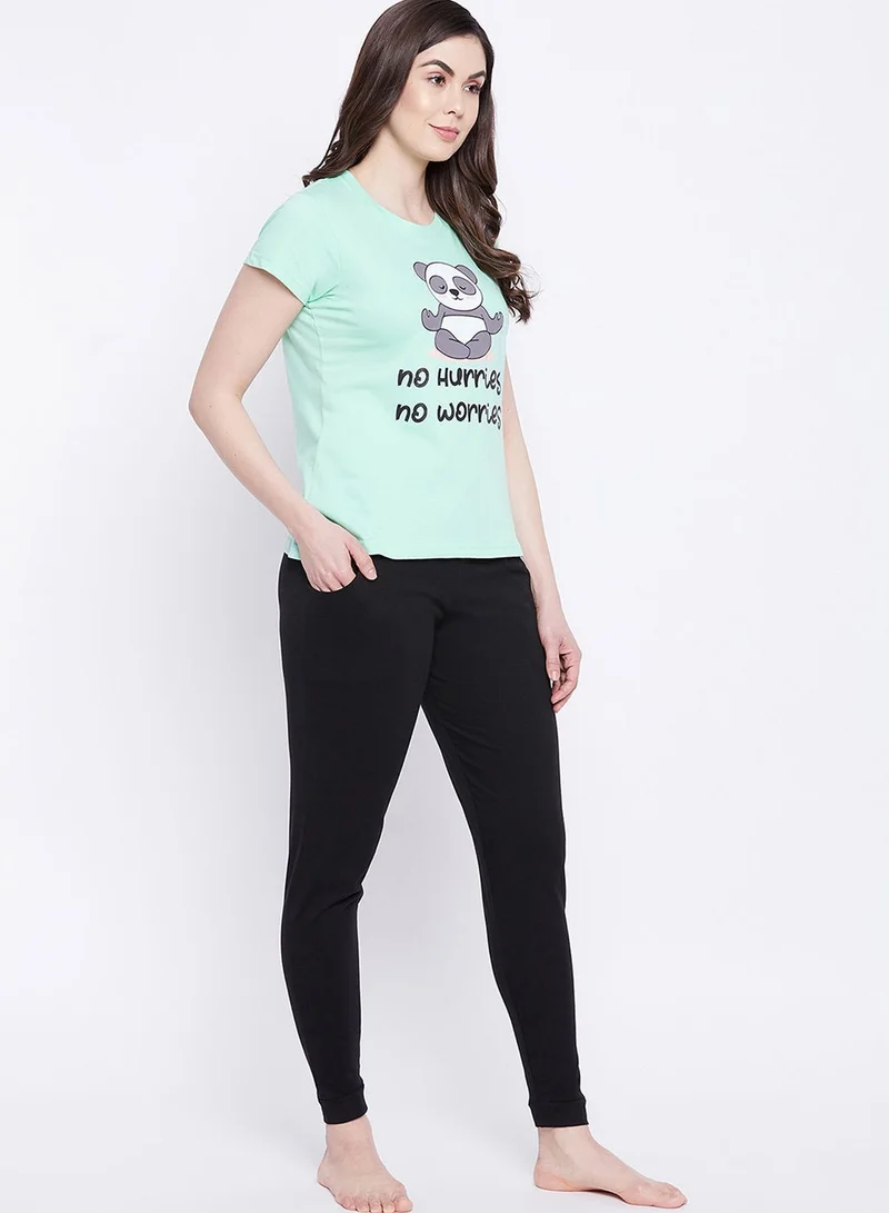 Clovia Text & Emoji Print Top & Solid Jogger Set - 100% Cotton