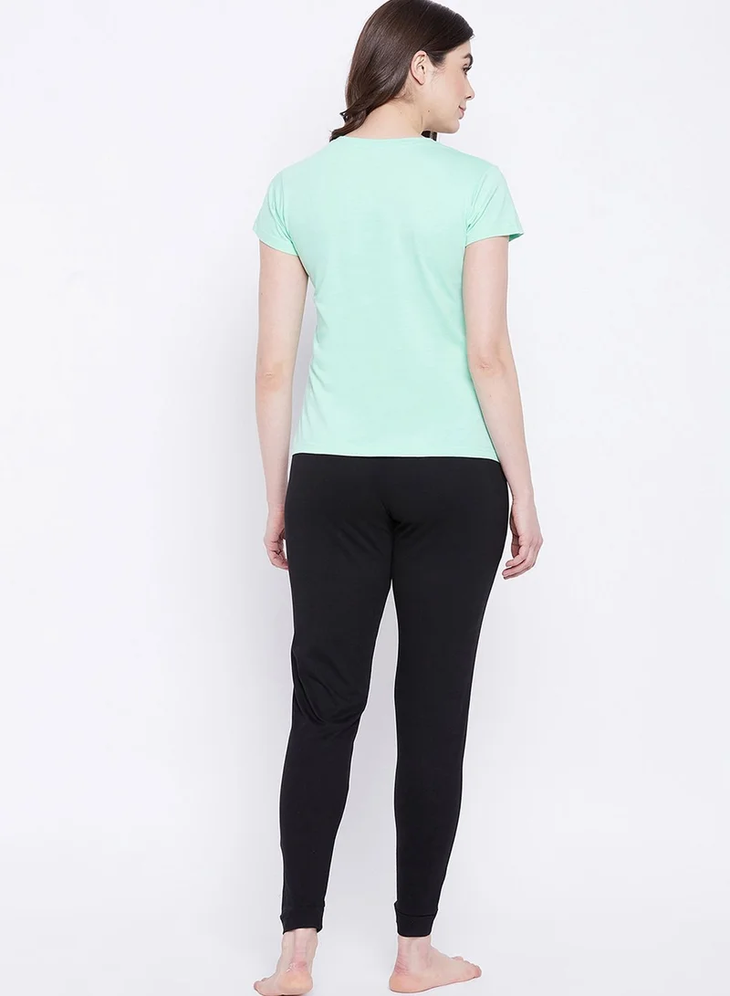 Clovia Text & Emoji Print Top & Solid Jogger Set - 100% Cotton