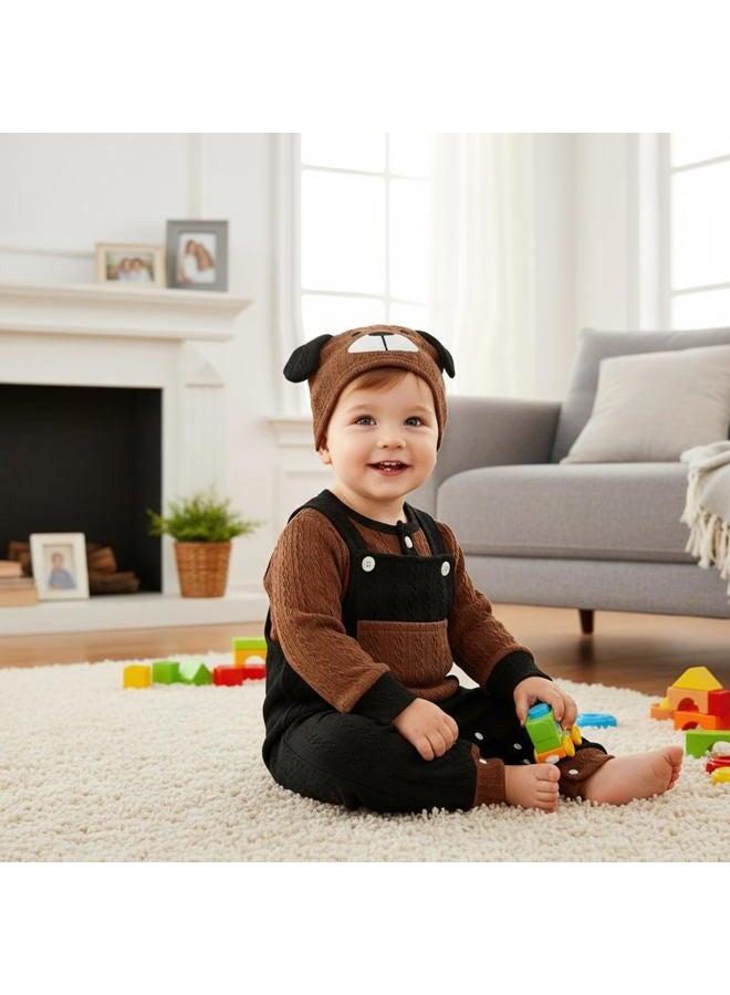 FOCUTEBB Baby Boy Clothes 0-3 Months Newborn Fall Winter Outfits Suspender Pants Set Cute Long Sleeve Rompers + Pocket Overalls + Hat With Dog Ears 3 Pcs Set Cute Cartoon Clothing Set Brown 0-3 Months - Image 3