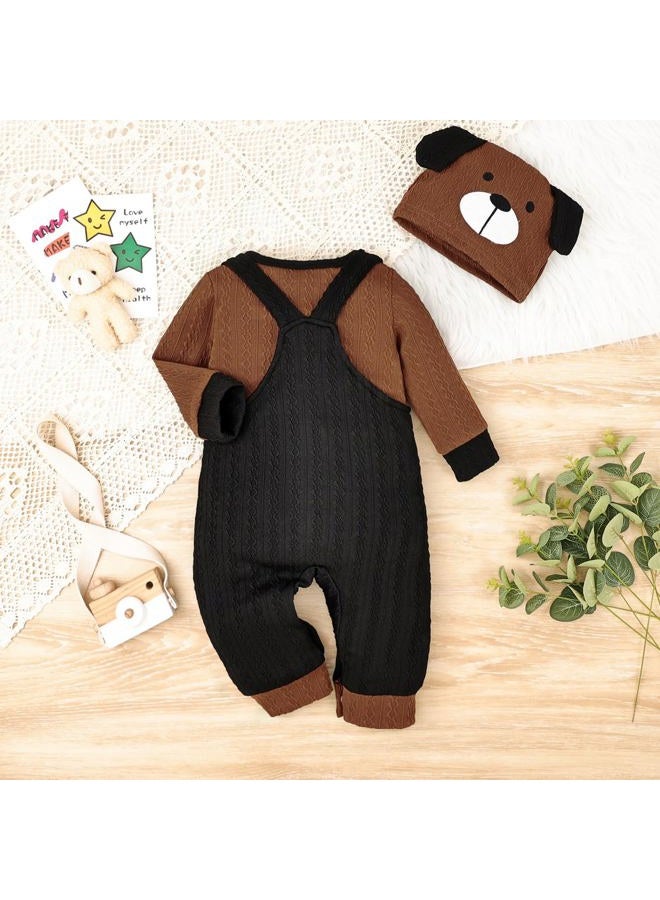FOCUTEBB Baby Boy Clothes 0-3 Months Newborn Fall Winter Outfits Suspender Pants Set Cute Long Sleeve Rompers + Pocket Overalls + Hat With Dog Ears 3 Pcs Set Cute Cartoon Clothing Set Brown 0-3 Months - Image 4
