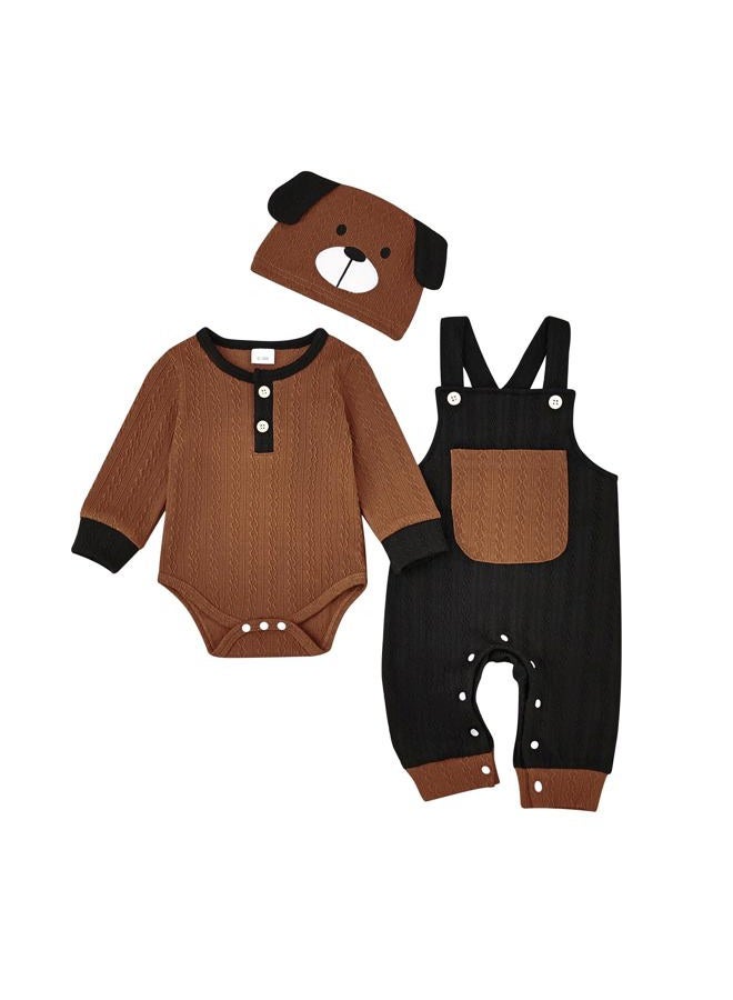 FOCUTEBB Baby Boy Clothes 0-3 Months Newborn Fall Winter Outfits Suspender Pants Set Cute Long Sleeve Rompers + Pocket Overalls + Hat With Dog Ears 3 Pcs Set Cute Cartoon Clothing Set Brown 0-3 Months - Image 1